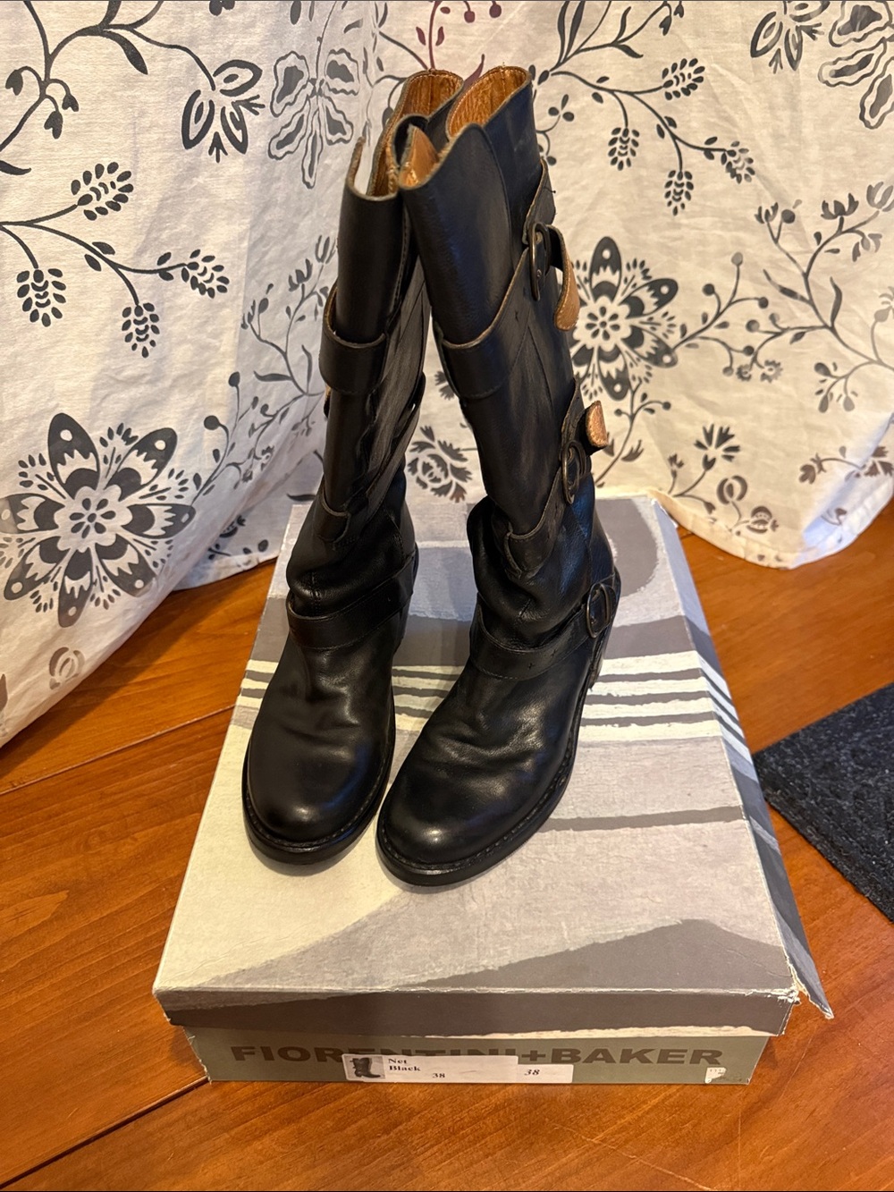 Fiorentini + Baker Black Leather Mid-Calf Buckle Lace-Up Boots